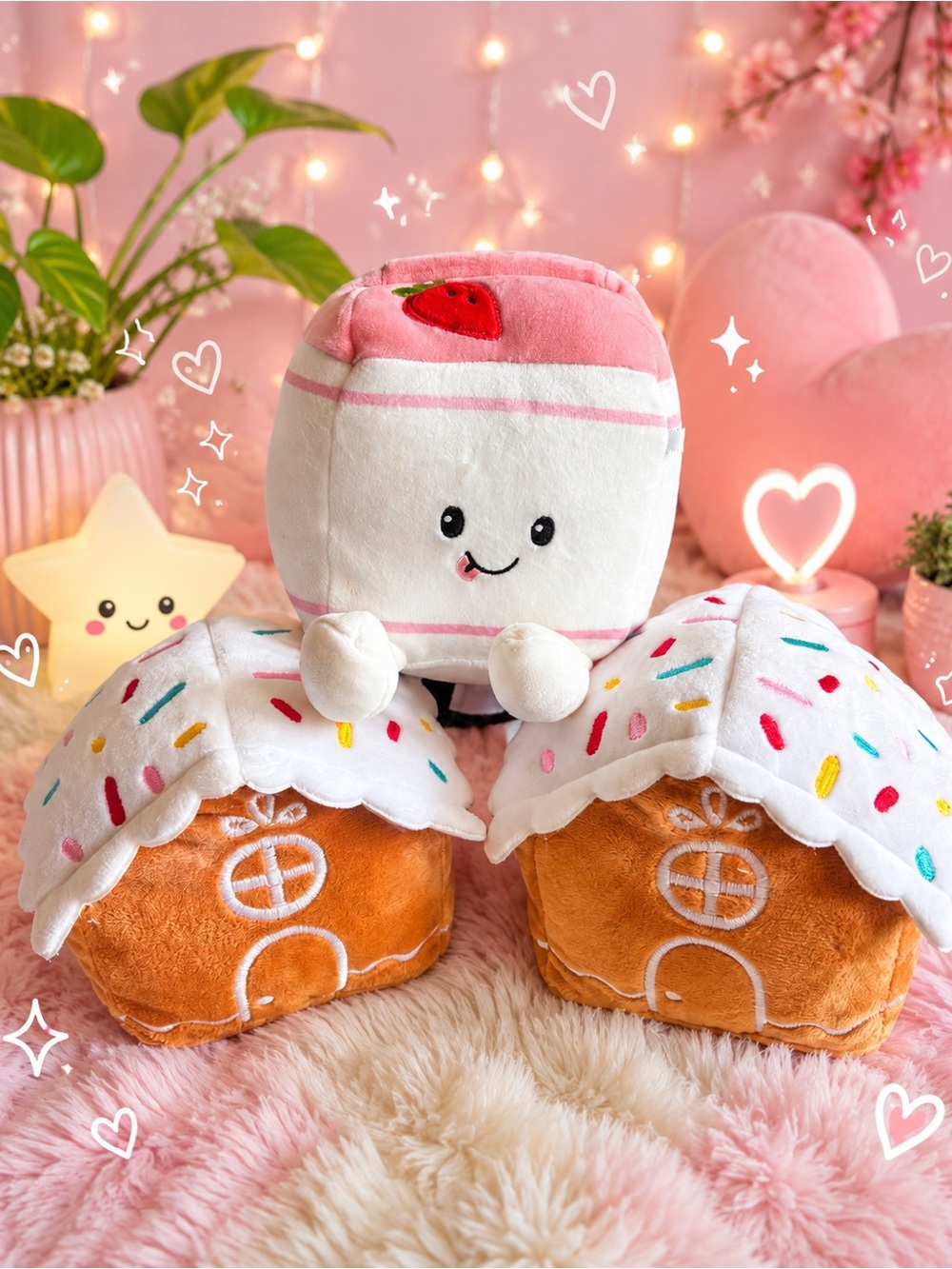 3pc Kawaii Strawberry Milk Plush and Cupcake House Set - Pink, White, Brown